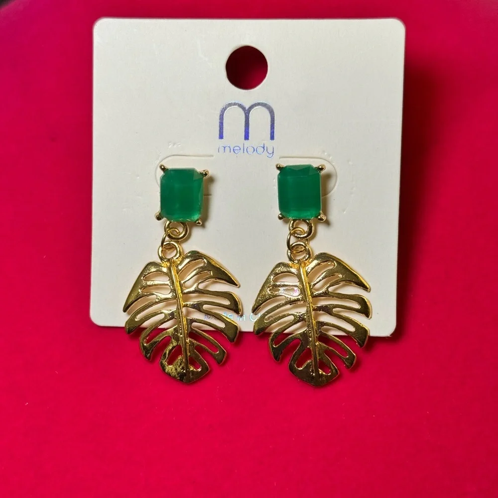 Tropical Gold Leaf Drop Earrings Green Stone Resort Statement - Picture 3 of 3